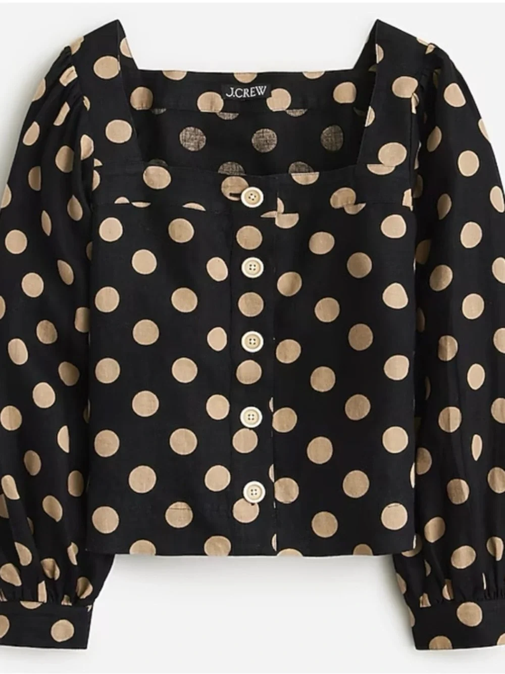 NWT J.Crew Linen Squareneck Button-Up Top Dot Print Black Tan Small BY699